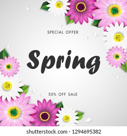 Spring Sale Off Background with Colorful Daisy Flower Blossom Design Vector