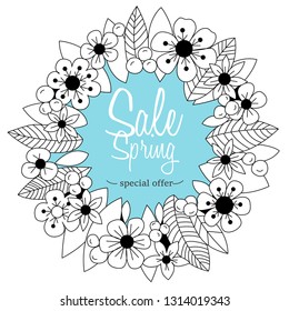 Spring sale off. Seasonal special offer in flower wreath. Banner perfect for promotions, magazines, advertising, web sites. Vector illustration. Turquoise background.