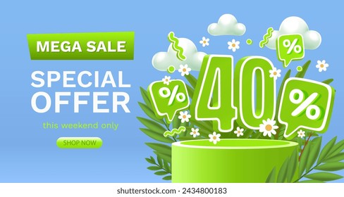 Spring sale offer 40 percentage, flyer save season. Vector illustration