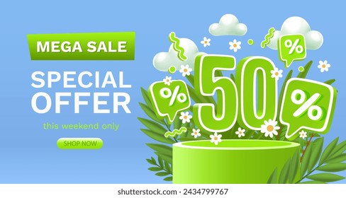 Spring sale offer 50 percentage, flyer save season. Vector illustration