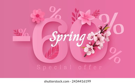 Spring sale offer 60 percentage, flyer save season. Vector illustration