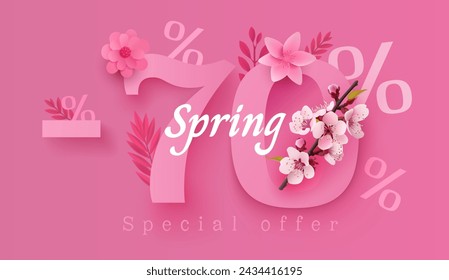 Spring sale offer 70 percentage, flyer save season. Vector illustration