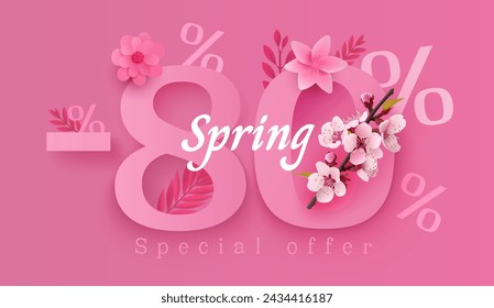 Spring sale offer 80 percentage, flyer save season. Vector illustration