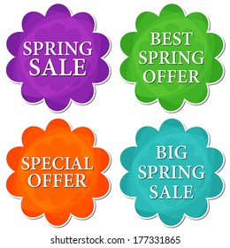 spring sale and offer banners - text in four colors flowers labels, business shopping seasonal concept, flat design, vector
