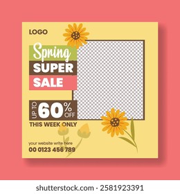Spring sale offer editable social media post, banner, ads template with spring floral background, Spring floral frame social media square flyer or poster design, wedding invitation promotional design