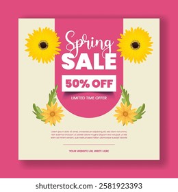 Spring sale offer editable social media post, banner, ads template with spring floral background, Spring floral frame social media square flyer or poster design, wedding invitation promotional design