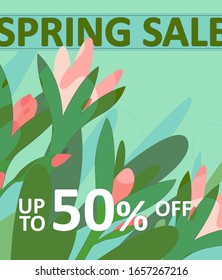 Spring sale offer with flowers  and plants in a collage style. Offer 50% off. Special shop vector banner.