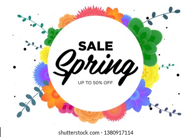 Spring sale offer promotion banner with beautiful colorful flower. Special discounts mockup. Poster for promotions, magazines, advertising, web sites. Vector greeting card illustration template