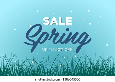 Spring sale offer promotion banner with beautiful grass. Special discounts mockup. Poster for promotions, magazines, advertising, web sites. Vector greeting card illustration template