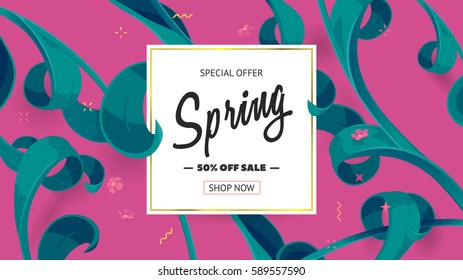 Spring sale offer with text and tropical leaves in a collage style. Festive button, frame decoration with abstract floral elements. Offer 50% off. Mother's day vector background. Special shop banner. 