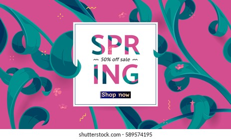 Spring sale offer with text and tropical leaves in a collage style. Festive button, frame decoration with abstract floral elements. Offer 50% off. Mother's day vector background. Special shop banner. 