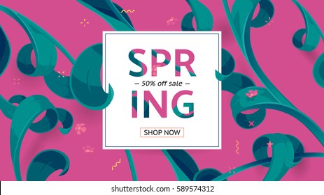 Spring sale offer with text and tropical leaves in a collage style. Festive button, frame decoration with abstract floral elements. Offer 50% off. Mother's day vector background. Special shop banner. 