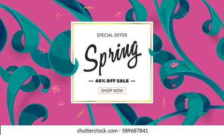 Spring sale offer with text and tropical leaves in a collage style. Festive button, frame decoration with abstract floral elements. Offer 40% off. Mother's day vector background. Special shop banner. 