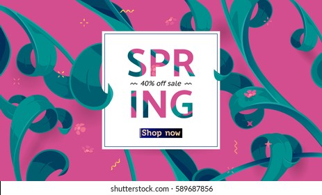 Spring sale offer with text and tropical leaves in a collage style. Festive button, frame decoration with abstract floral elements. Offer 40% off. Mother's day vector background. Special shop banner. 