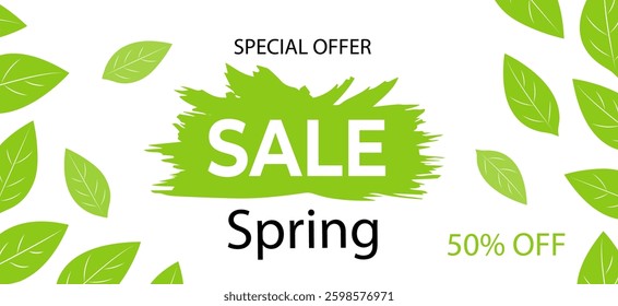 Spring sale offers 50 percent off on select items for a limited time in a vibrant design with green leaves.