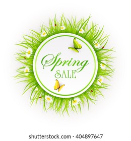 Spring sale on abstract background with round card, grass, ladybugs and butterflies, illustration.