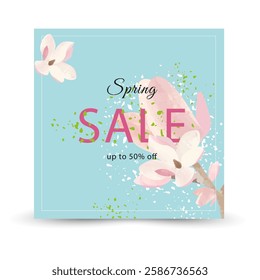 Spring sale on a blue background. Magnolia flowers. 50% discount. Vector 
