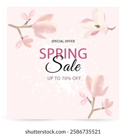 Spring sale on a pink background. Magnolia flowers. 70% discount. Vector 