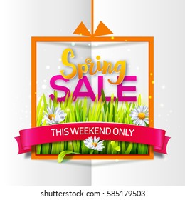 Spring sale orange frame with green grass and flowers with red ribbon on paper background. Business banner with season offer. Vector illustration for spring sales, banners. Origami