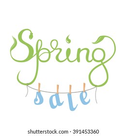 Spring Sale.  Original Handwritten Word Spring. Lettering. Words Sale On Clothes Pin. EPS 10 Vector Illustration Promotion, Poster, Flier, Blog, Article, Social Media, Marketing