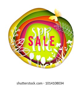 Spring Sale paper art layered background. Flowers, grass, butterfly cut out from white paper. Paper art. Vector illustration. Nature banner. Bright colors for business offer on web banner, greeting