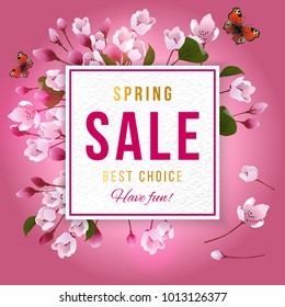 Spring sale paper banner over cherry blossom background. Vector illustration