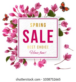 Spring sale paper banner over cherry blossom background. Vector illustration