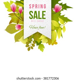 Spring sale paper emblem with leaves and flowers