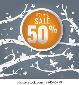Spring sale paper and tree. Leaves. Butterfly. white on Dark gray background for banner, flyer, poster, web site or greeting card. Paper cut style, vector illustration. season