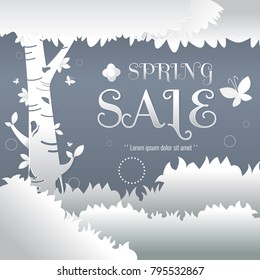 Spring sale paper and tree. Leaves. Butterfly. white on Dark gray background for banner, flyer, poster, web site or greeting card. Paper cut style, vector illustration. season