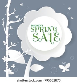 Spring sale paper and tree. Leaves. Butterfly. white on Dark gray background for banner, flyer, poster, web site or greeting card. Paper cut style, vector illustration. season