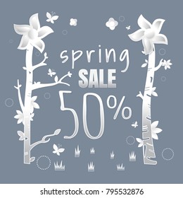 Spring sale paper and tree. Leaves. Butterfly. white on Dark gray background for banner, flyer, poster, web site or greeting card. Paper cut style, vector illustration. season