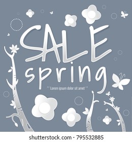 Spring sale paper and tree. Leaves. Butterfly. white on Dark gray background for banner, flyer, poster, web site or greeting card. Paper cut style, vector illustration. season