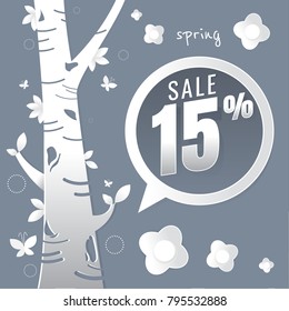 Spring sale paper and tree. Leaves. Butterfly. white on Dark gray background for banner, flyer, poster, web site or greeting card. Paper cut style, vector illustration. season