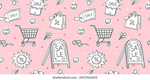 Spring sale pattern on pastel pink background. Vector doodle illustrations. Discounts, shopping cart, sun, sign, smartphone, flower and other elements.