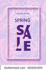 Spring Sale phrase on ultra violet liquid  background. Sliced text style. Template for advertising poster. Element for graphic design - banner, poster, flyer, brochure, card. Vector illustration.