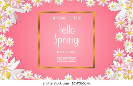 Spring sale pink background with beautiful flower. Paper style