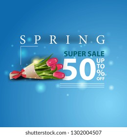 Spring sale. Pink banner with bouquet of tulips