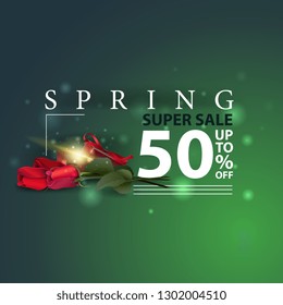 Spring sale. Pink banner with roses and gift