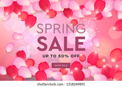 Spring Sale with pink flying petals. Web banner or poster for e-commerce, on-line cosmetics shop, fashion & beauty shop, store, vector illustration