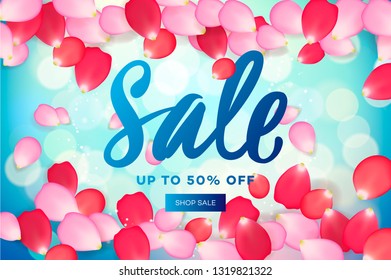 Spring Sale with pink flying petals. Web banner or poster for e-commerce, on-line cosmetics shop, fashion & beauty shop, store, vector illustration