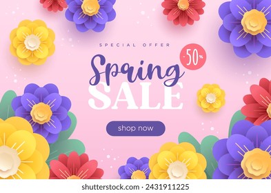 Spring sale pink square banner with stylised flowers
