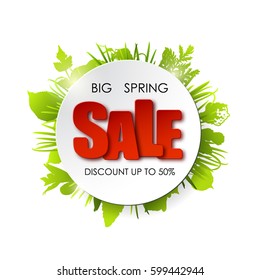 Spring sale placard template for card, placard, flyer, banner, brochure. Green blurred leafs on white background. 