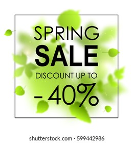 Spring sale placard template for card, placard, flyer, banner, brochure. Green blurred leafs on white background. 