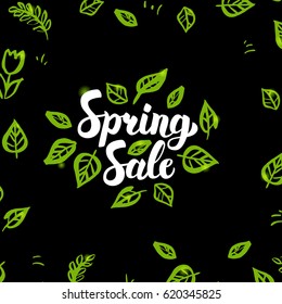 Spring Sale Postcard. Vector Illustration of Nature Calligraphy with Hand Drawn Sketches.