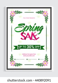 Spring Sale Poster, Up to 30% Off, Sale Background with beautiful flowers, Creative vector illustration. 
