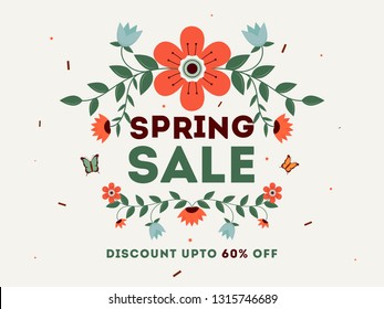 Spring sale poster or banner design with 60% discount offer and decorative flat style flowers illustration.