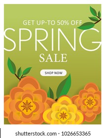 Spring sale poster, banner, flyer with paper flowers, green background. Promotions, magazines, advertising, web sites. Vector illustration. Space for text.