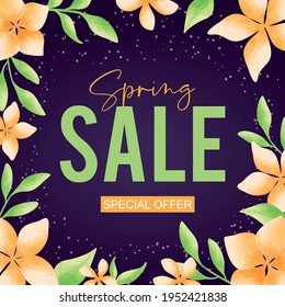 Spring sale poster and banner template with flowers on dark background. Vector illustration for flyer, shop, invitation, discount, sale, decoration.
