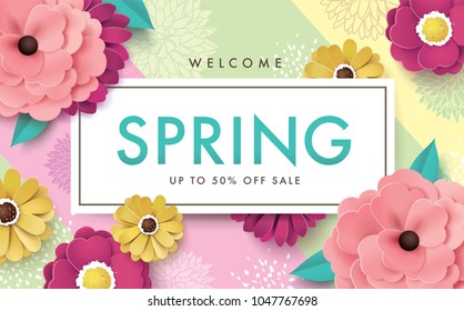 Spring sale poster with beautiful flowers on colourful background